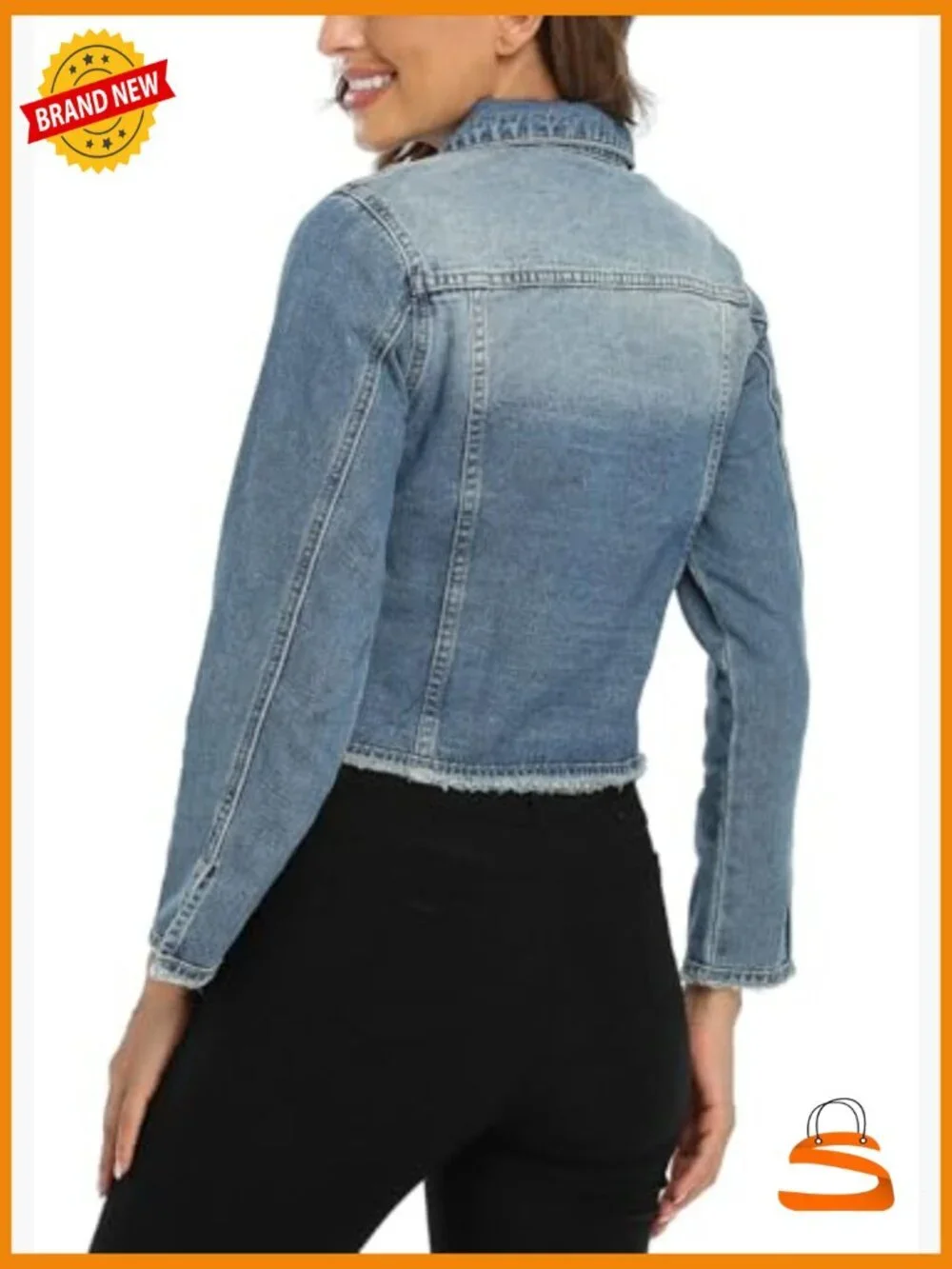 Frayed Washed Cropped Denim Jacket Button Up with 2 Side Pockets
